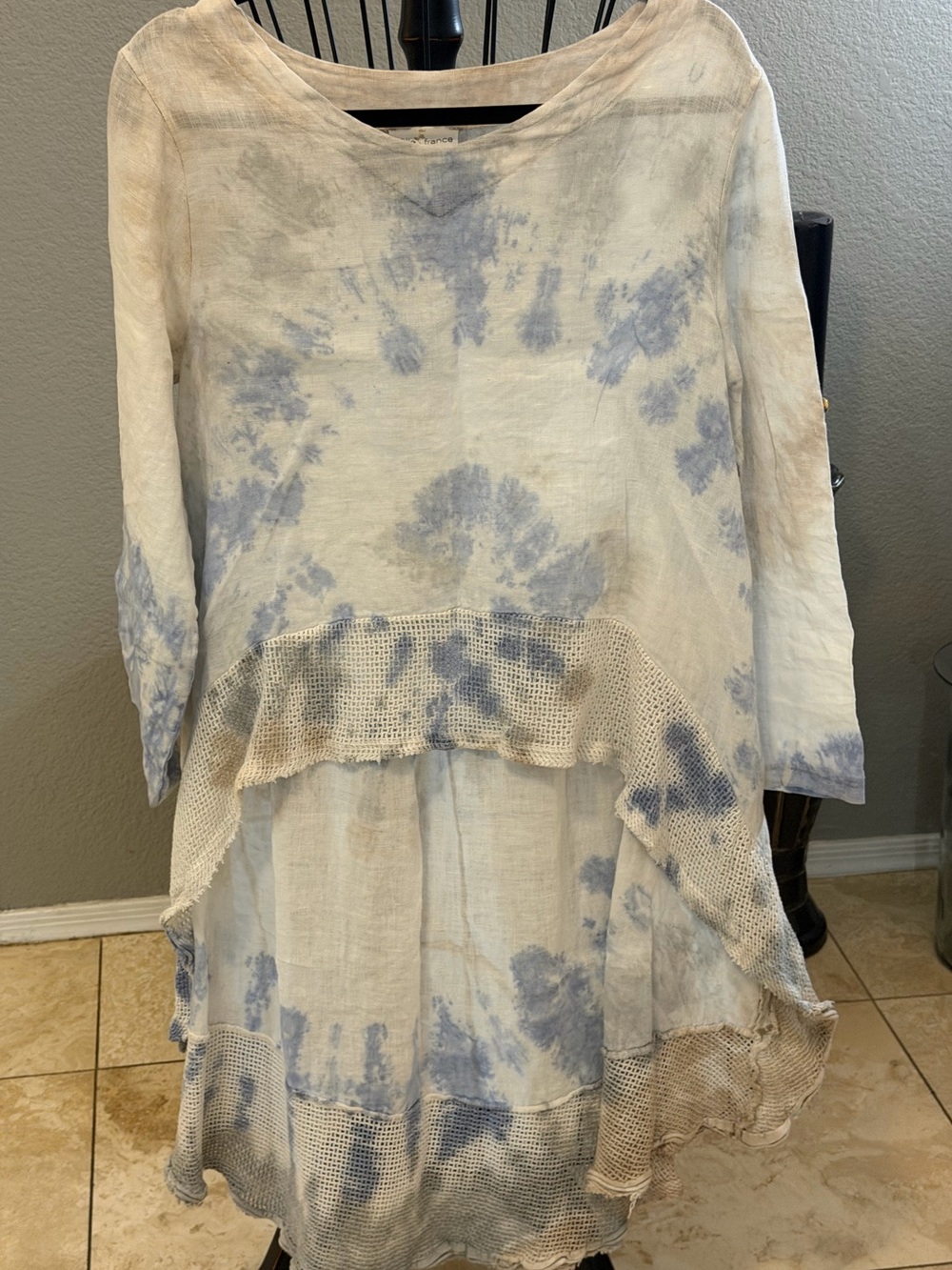 Belle France Linen Tunic Blouse Blue White Tie Dye Lagenlook Top Made in Italy